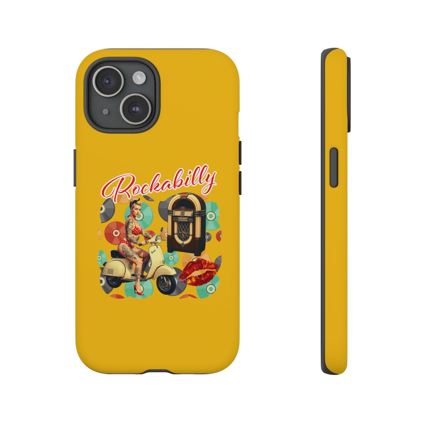 Rockabilly Phone Case, Vintage Scooter Design, Retro Style Cover, Fun Gift for Music Lovers, Yellow Tough Cases
