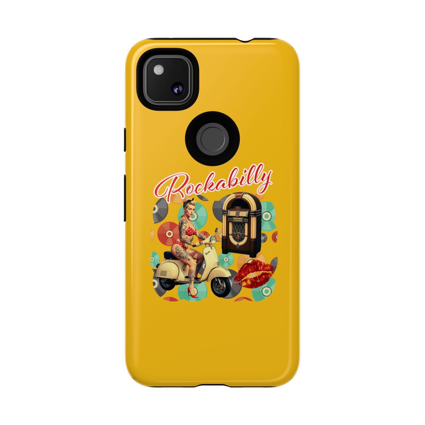 Rockabilly Phone Case, Vintage Scooter Design, Retro Style Cover, Fun Gift for Music Lovers, Yellow Tough Cases