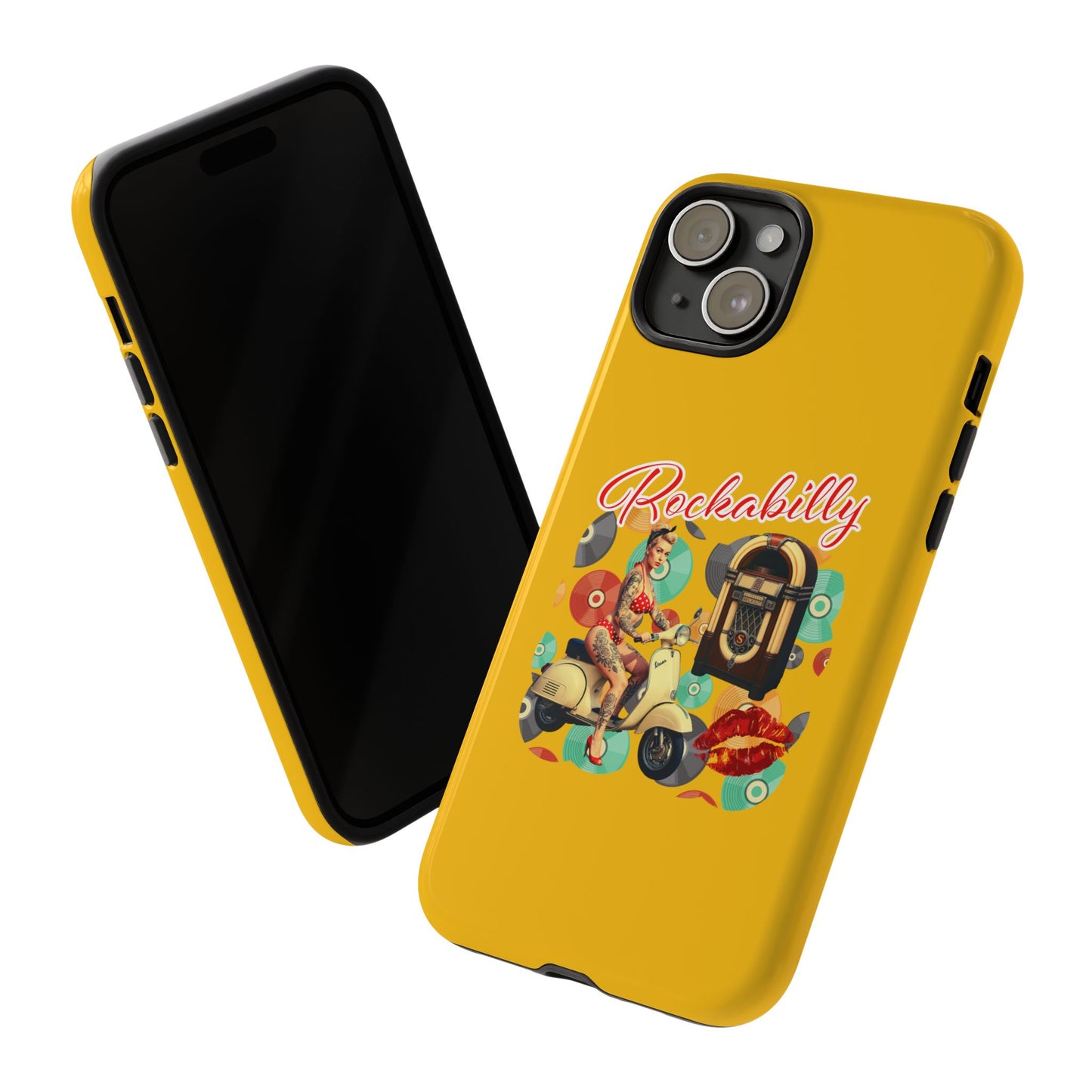 Rockabilly Phone Case, Vintage Scooter Design, Retro Style Cover, Fun Gift for Music Lovers, Yellow Tough Cases