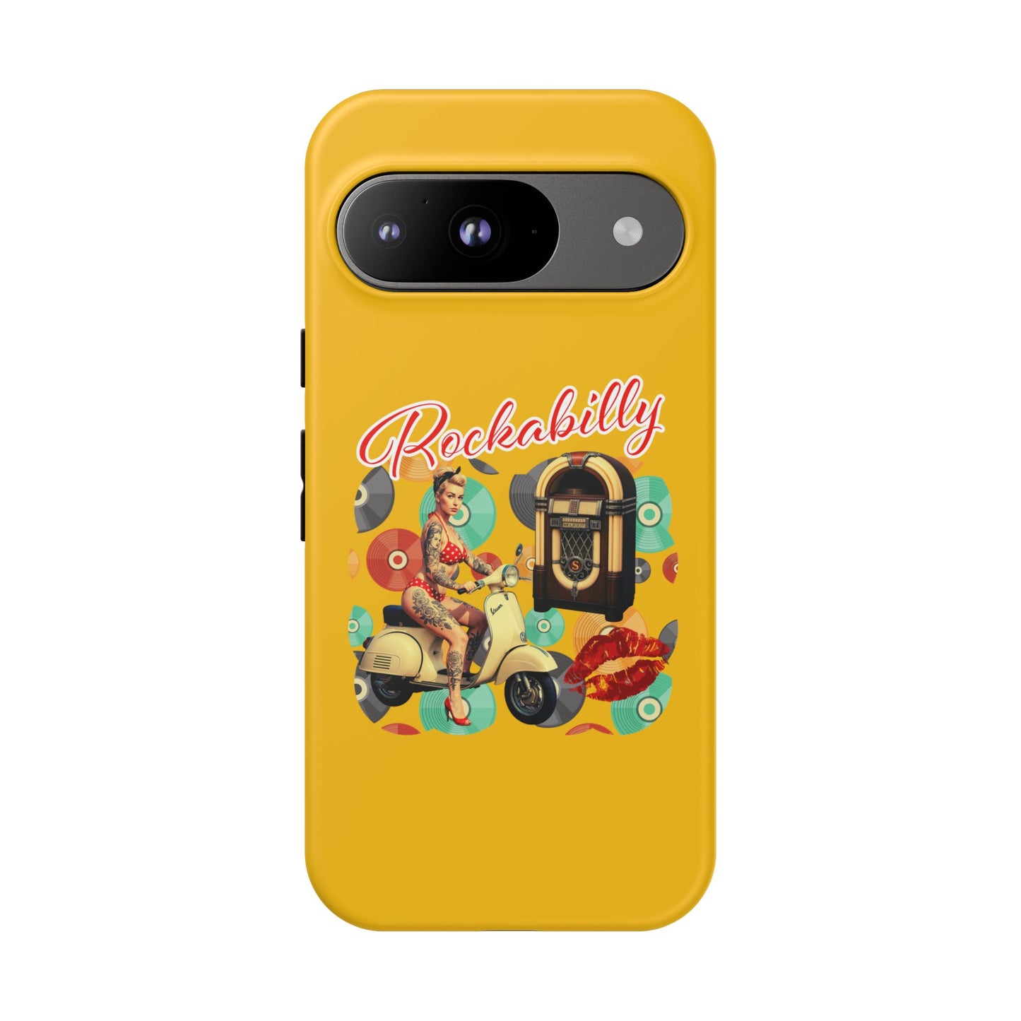 Rockabilly Phone Case, Vintage Scooter Design, Retro Style Cover, Fun Gift for Music Lovers, Yellow Tough Cases