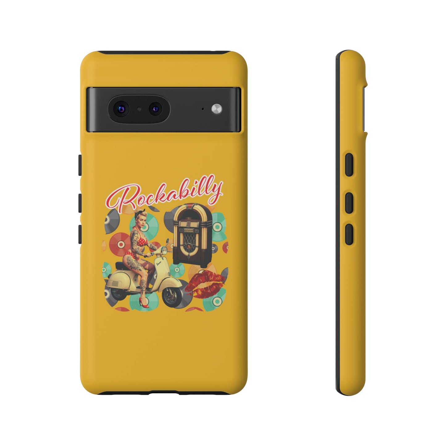 Rockabilly Phone Case, Vintage Scooter Design, Retro Style Cover, Fun Gift for Music Lovers, Yellow Tough Cases