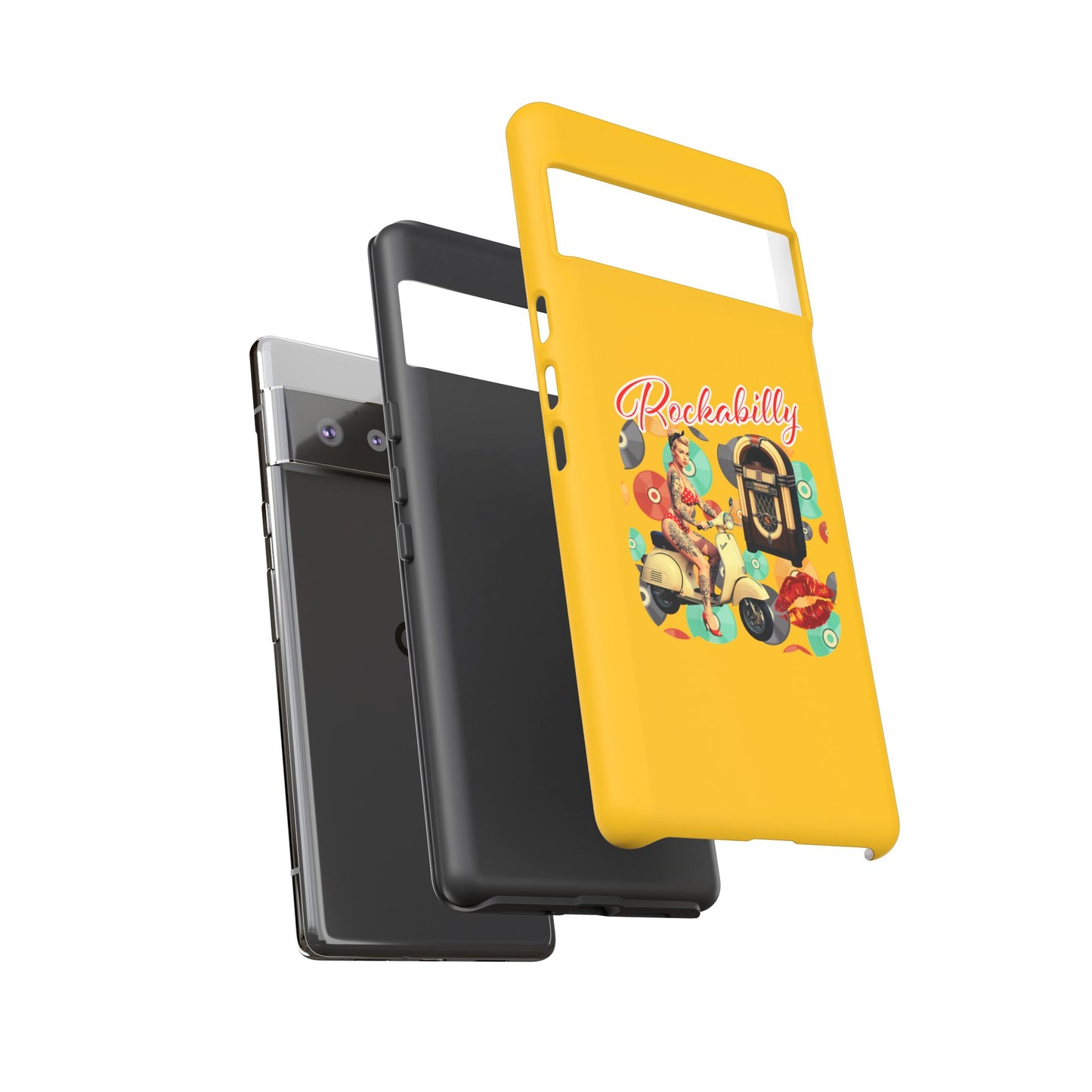 Rockabilly Phone Case, Vintage Scooter Design, Retro Style Cover, Fun Gift for Music Lovers, Yellow Tough Cases