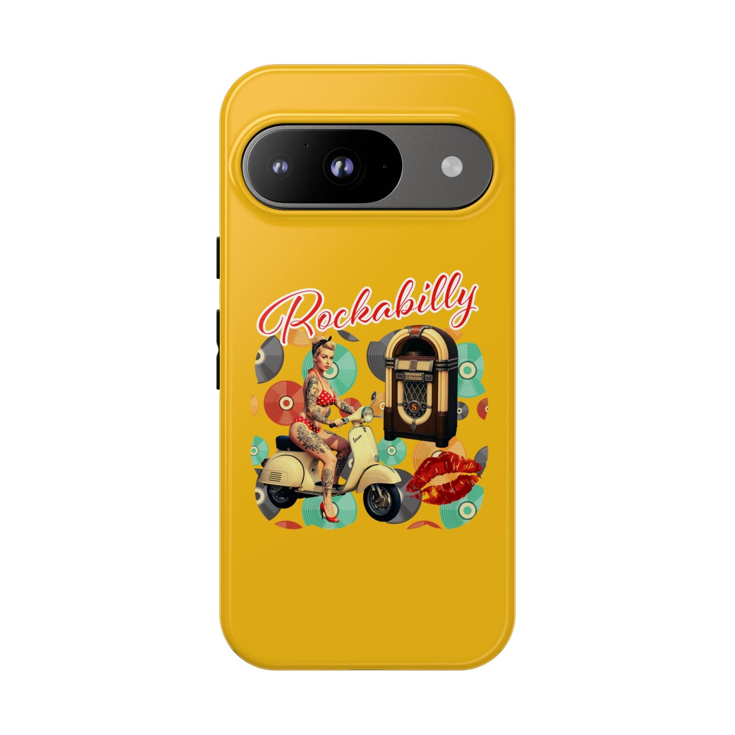 Rockabilly Phone Case, Vintage Scooter Design, Retro Style Cover, Fun Gift for Music Lovers, Yellow Tough Cases