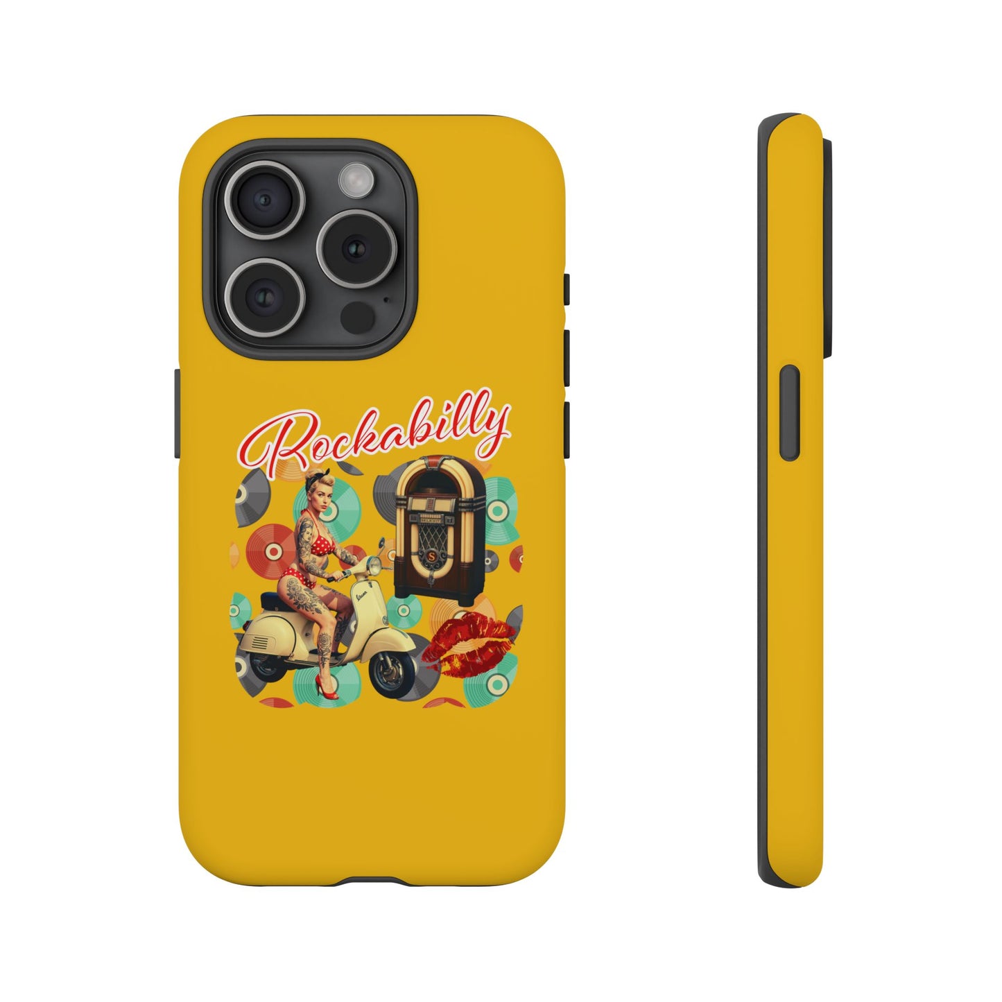 Rockabilly Phone Case, Vintage Scooter Design, Retro Style Cover, Fun Gift for Music Lovers, Yellow Tough Cases