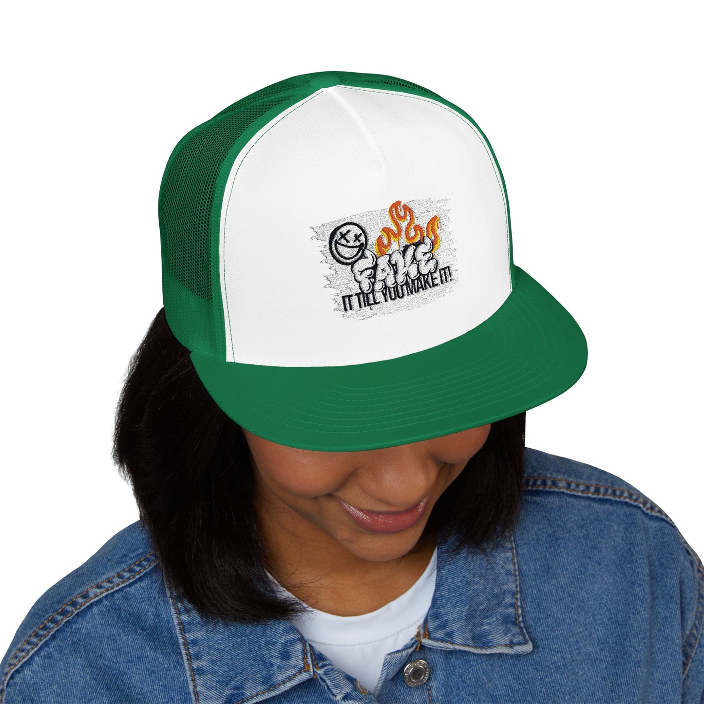 Embroidered 5 Panel Trucker Cap - Fake it til you make it