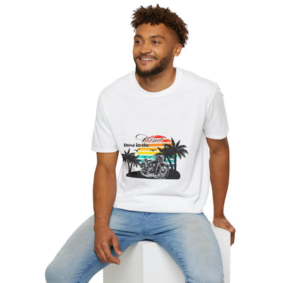 Dust in the Wind Unisex Jersey Tee – Retro Motorcycle & Palm Trees Design