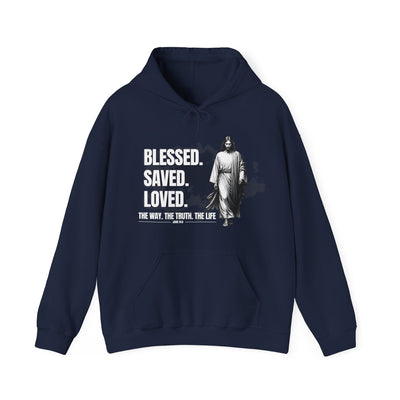 Blessed, Saved, Loved Hoodie - Unisex Heavy Blend Sweatshirt for Comfort and Faith Jesus