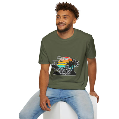 Dust in the Wind Unisex Jersey Tee – Retro Motorcycle & Palm Trees Design