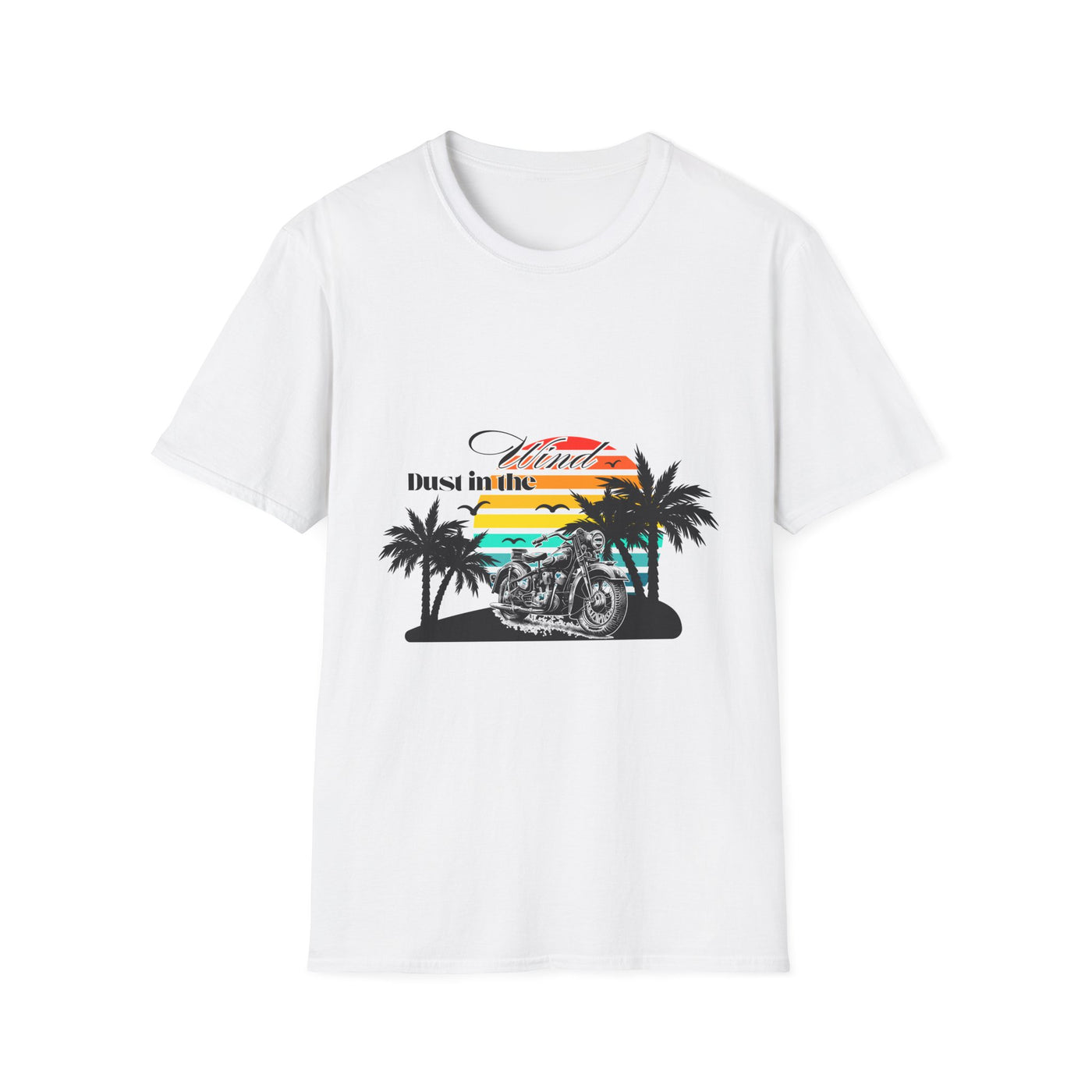 Dust in the Wind Unisex Jersey Tee – Retro Motorcycle & Palm Trees Design