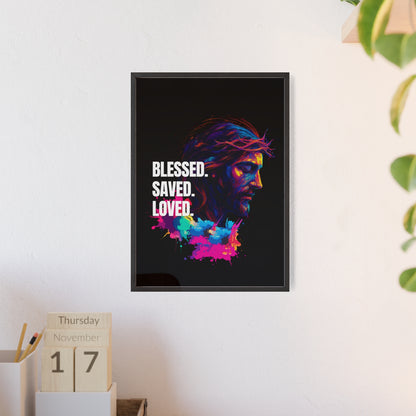 Inspirational Jesus Wall Art - 'Blessed, Saved, Loved' Poster with Wooden Frame 