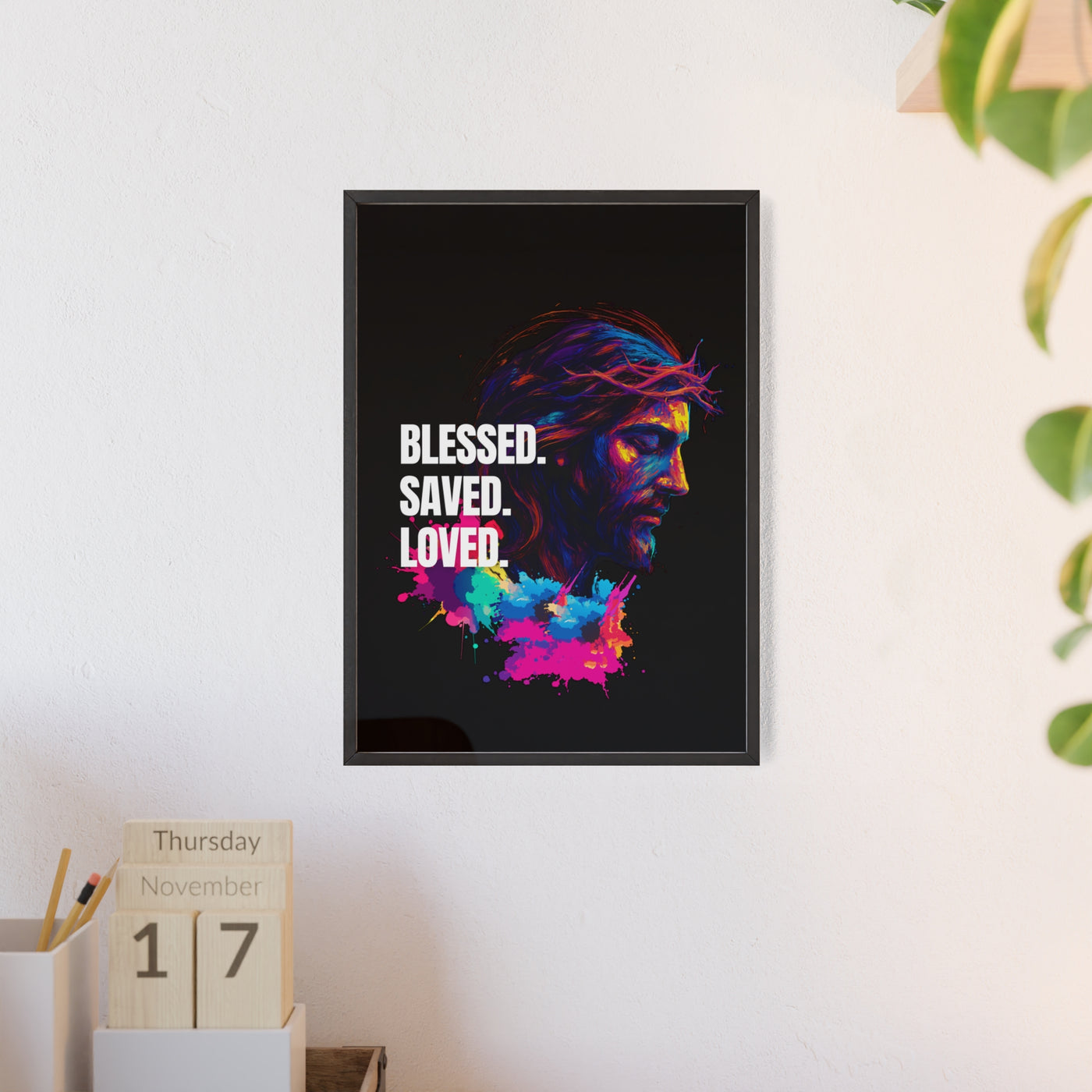 Inspirational Jesus Wall Art - 'Blessed, Saved, Loved' Poster with Wooden Frame 