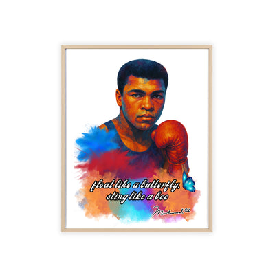 Inspirational Muhammad Ali Poster with Wooden Frame - Float Like a Butterfly, Sting Like a Bee
