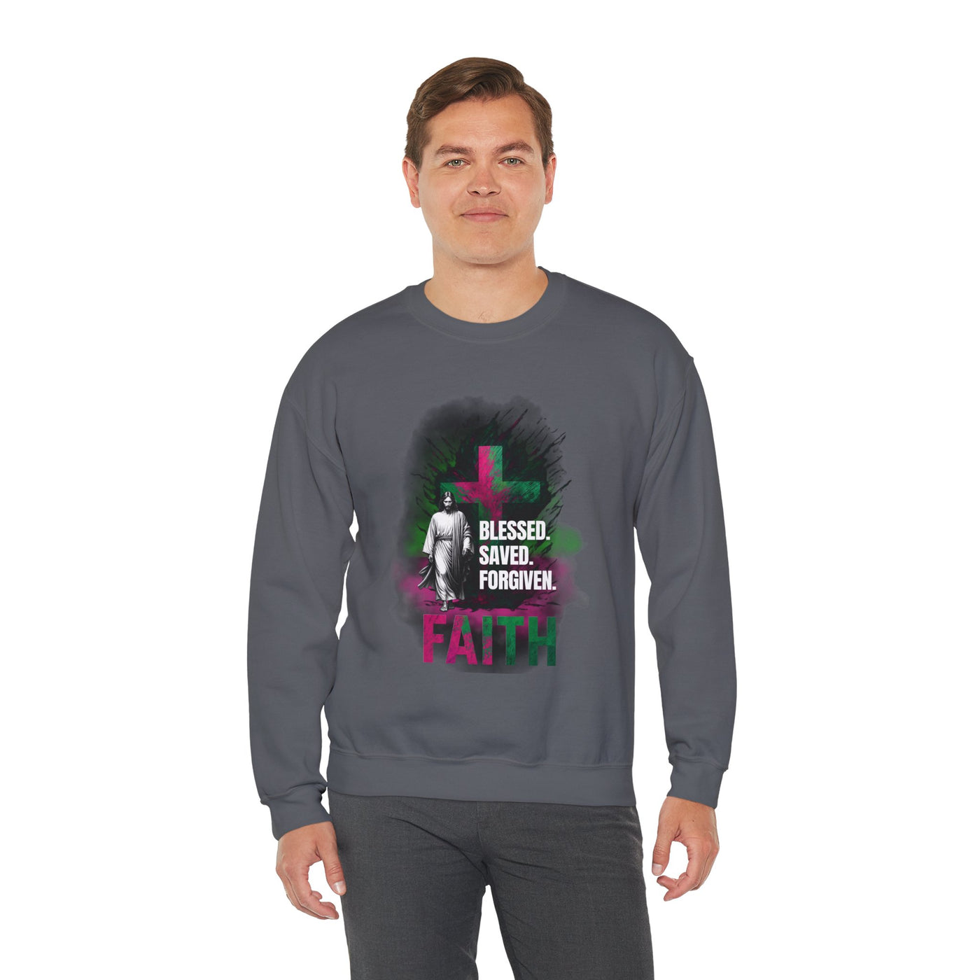 Jesus mit Faith und Spruch Blessed -Saved -Forgiven Sweatshirt