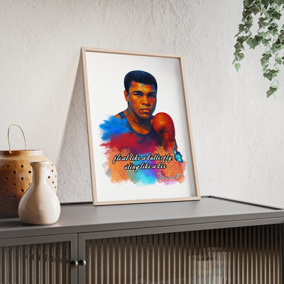 Inspirational Muhammad Ali Poster with Wooden Frame - Float Like a Butterfly, Sting Like a Bee