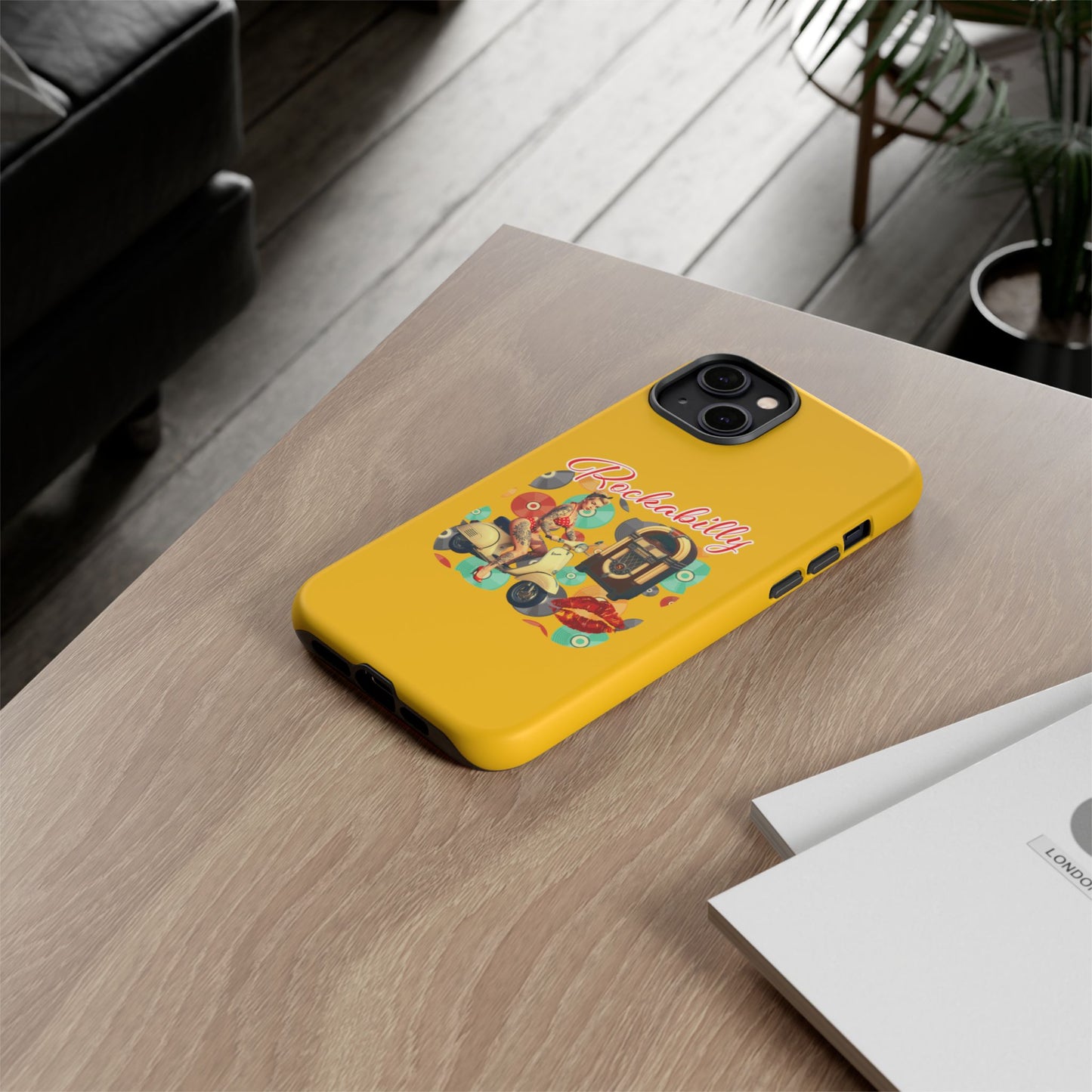 Rockabilly Phone Case, Vintage Scooter Design, Retro Style Cover, Fun Gift for Music Lovers, Yellow Tough Cases