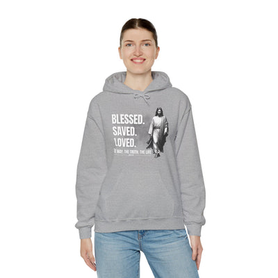 Blessed, Saved, Loved Hoodie - Unisex Heavy Blend Sweatshirt for Comfort and Faith Jesus
