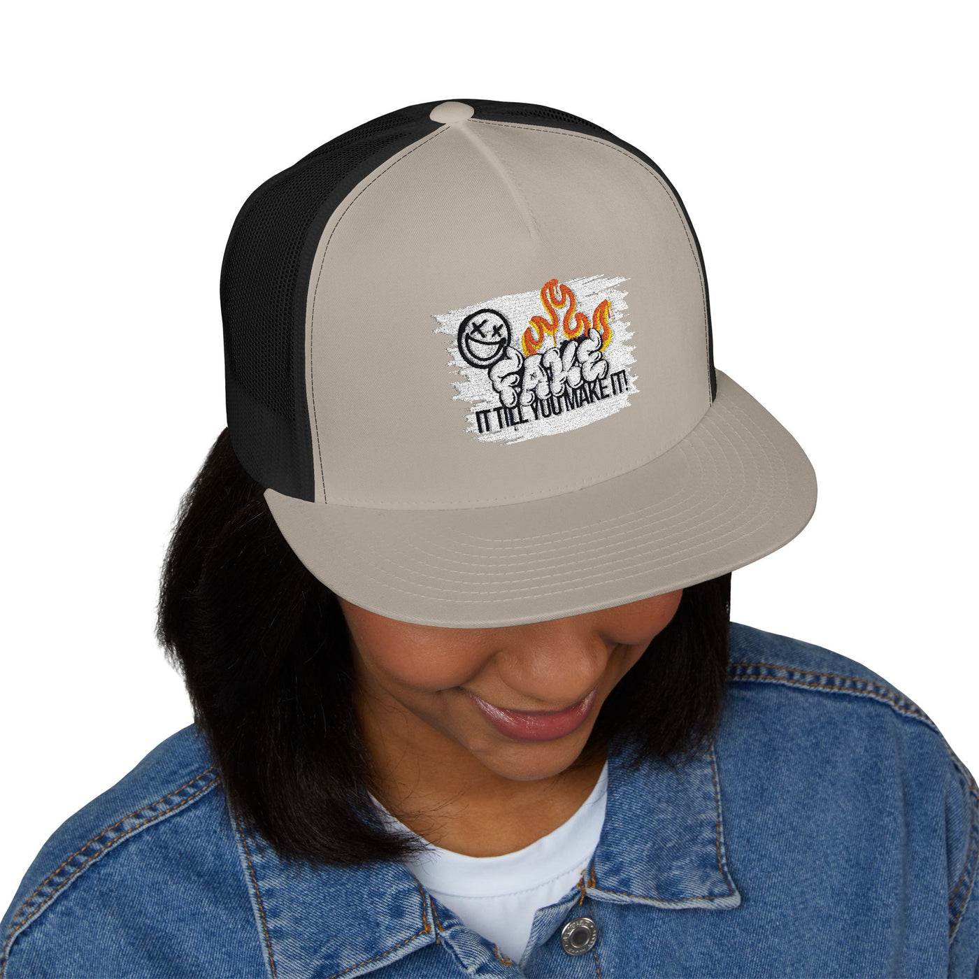 Embroidered 5 Panel Trucker Cap - Fake it til you make it