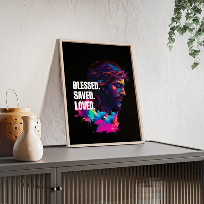 Inspirational Jesus Wall Art - 'Blessed, Saved, Loved' Poster with Wooden Frame 