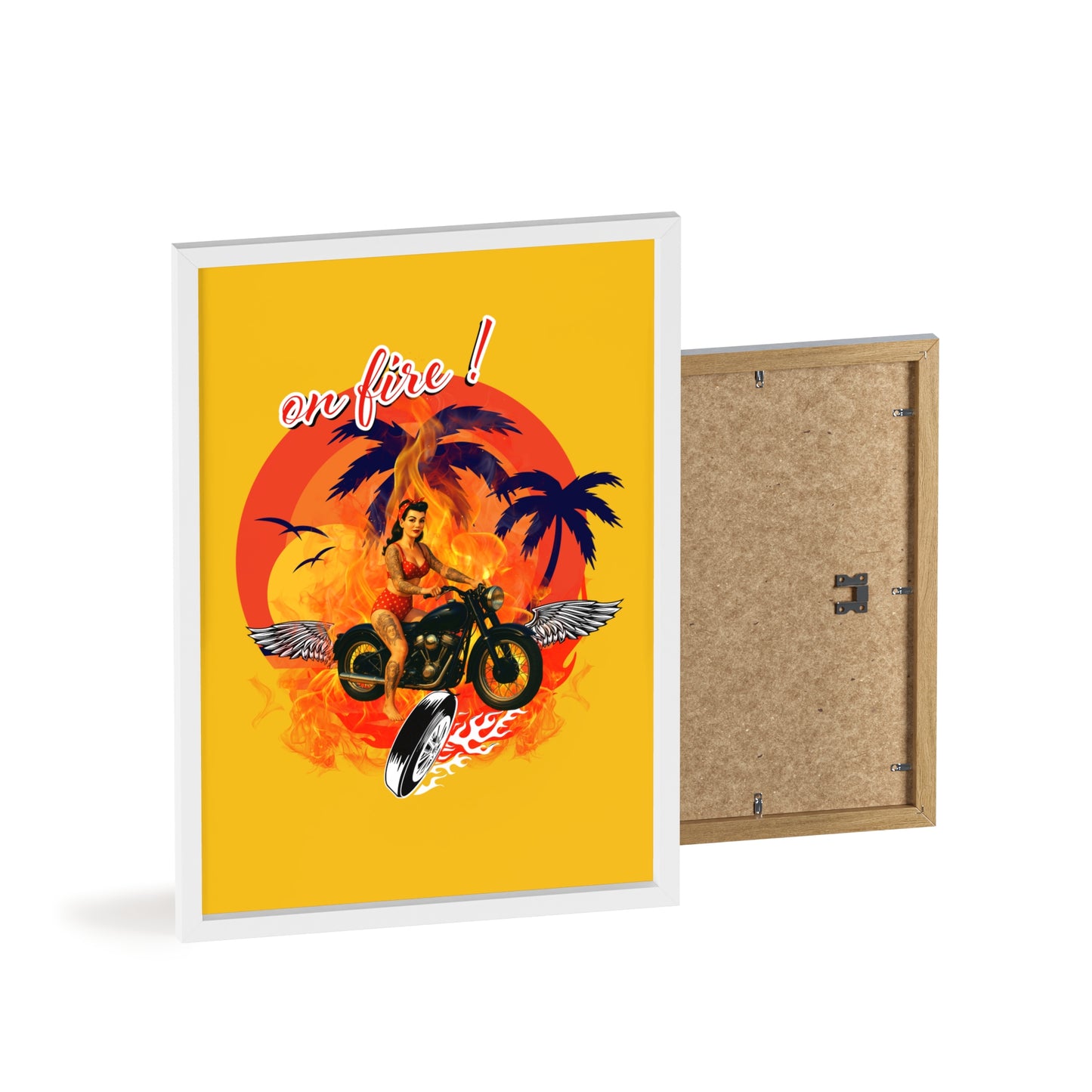 Vibrant Motorcycle Poster with Wooden Frame | Retro Wall Art for Bikers