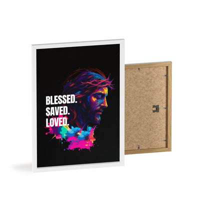 Inspirational Jesus Wall Art - 'Blessed, Saved, Loved' Poster with Wooden Frame 