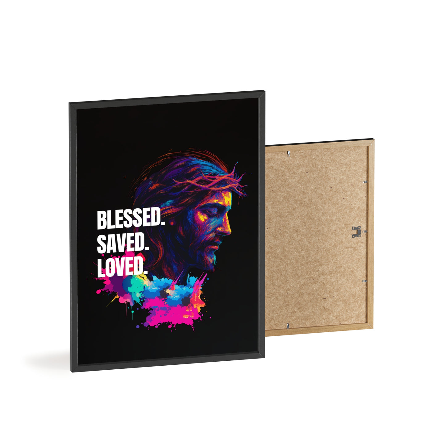Inspirational Jesus Wall Art - 'Blessed, Saved, Loved' Poster with Wooden Frame 
