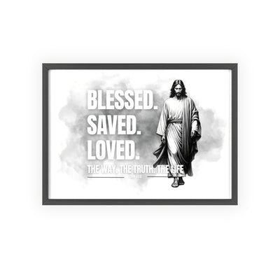 Inspirational Jesus Wall Art - Blessed, Saved, Loved - Framed Poster