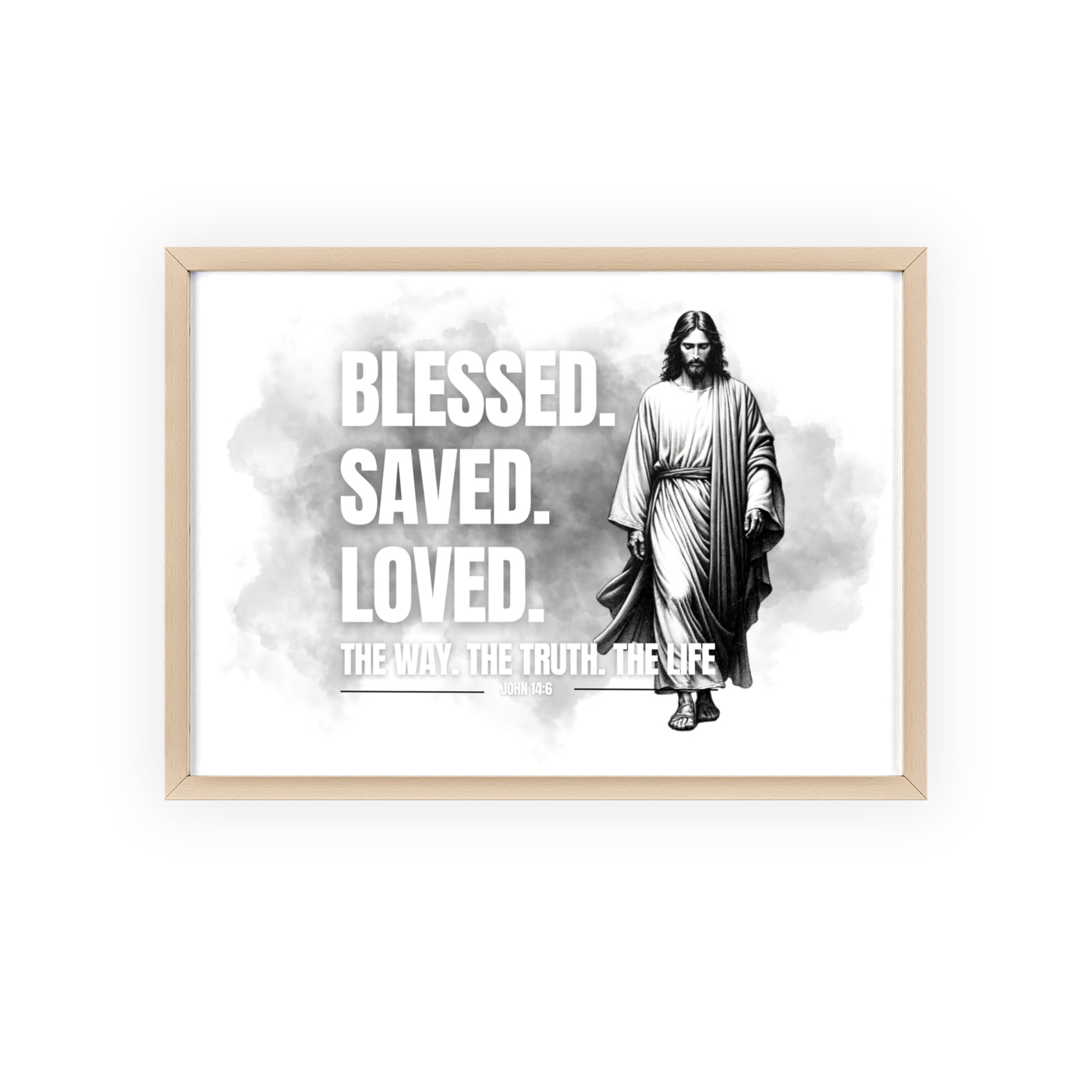 Inspirational Jesus Wall Art - Blessed, Saved, Loved - Framed Poster