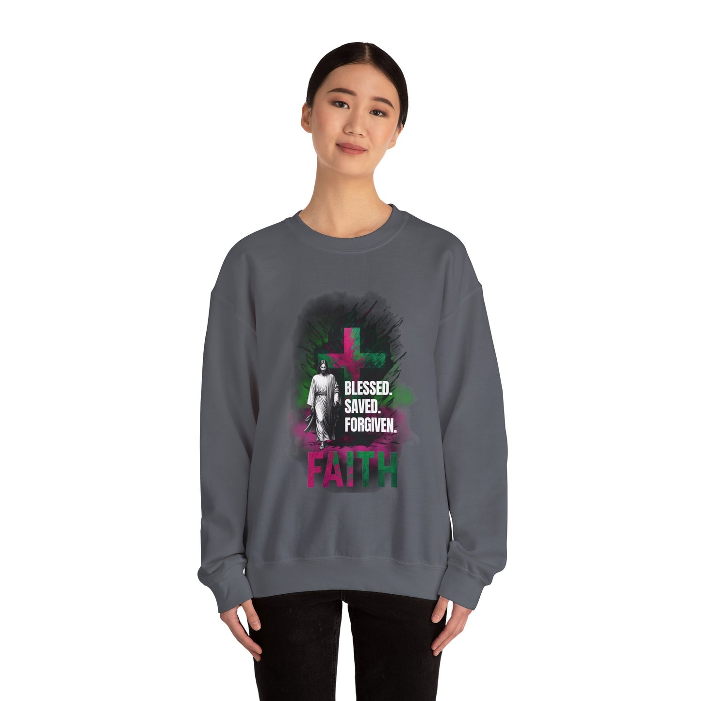 Jesus mit Faith und Spruch Blessed -Saved -Forgiven Sweatshirt