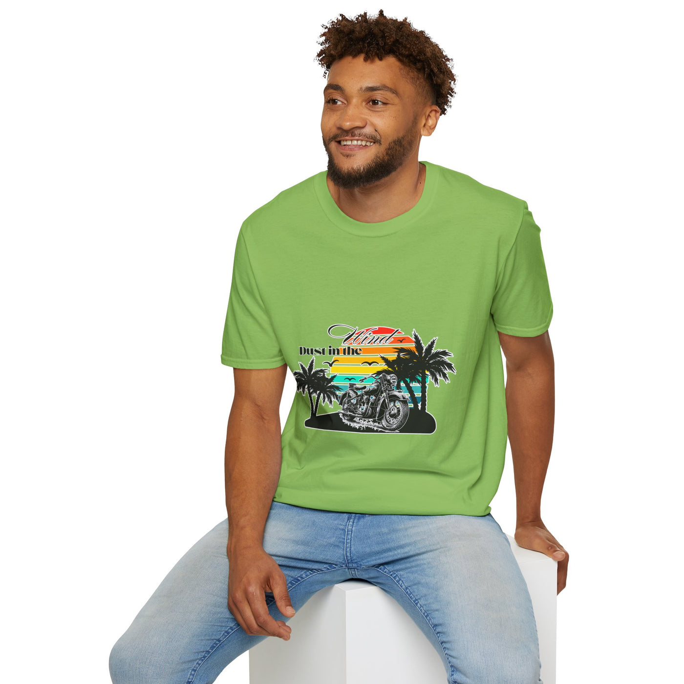 Dust in the Wind Unisex Jersey Tee – Retro Motorcycle & Palm Trees Design