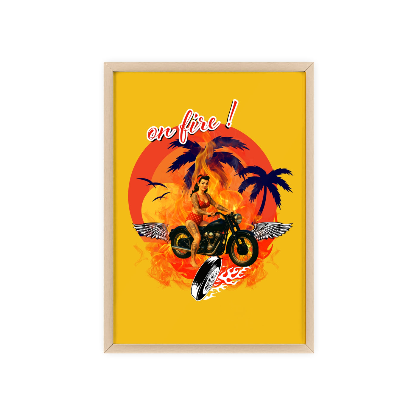 Vibrant Motorcycle Poster with Wooden Frame | Retro Wall Art for Bikers