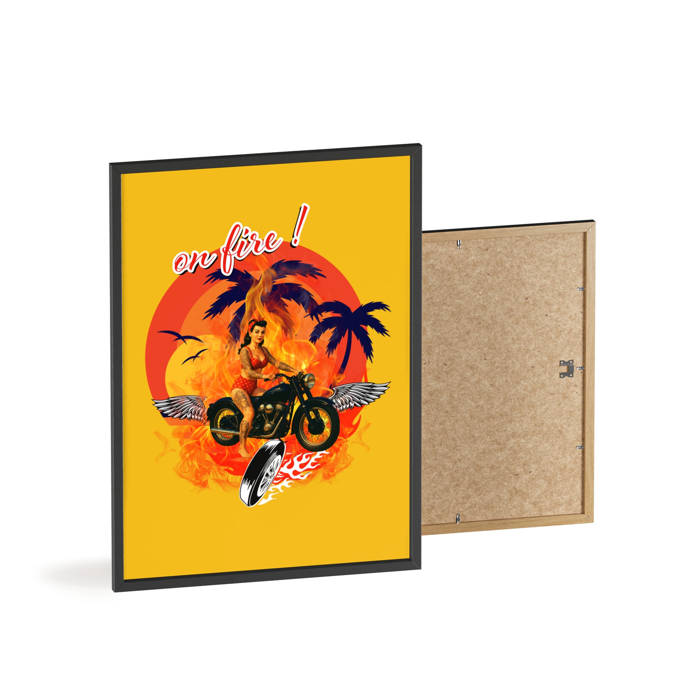 Vibrant Motorcycle Poster with Wooden Frame | Retro Wall Art for Bikers
