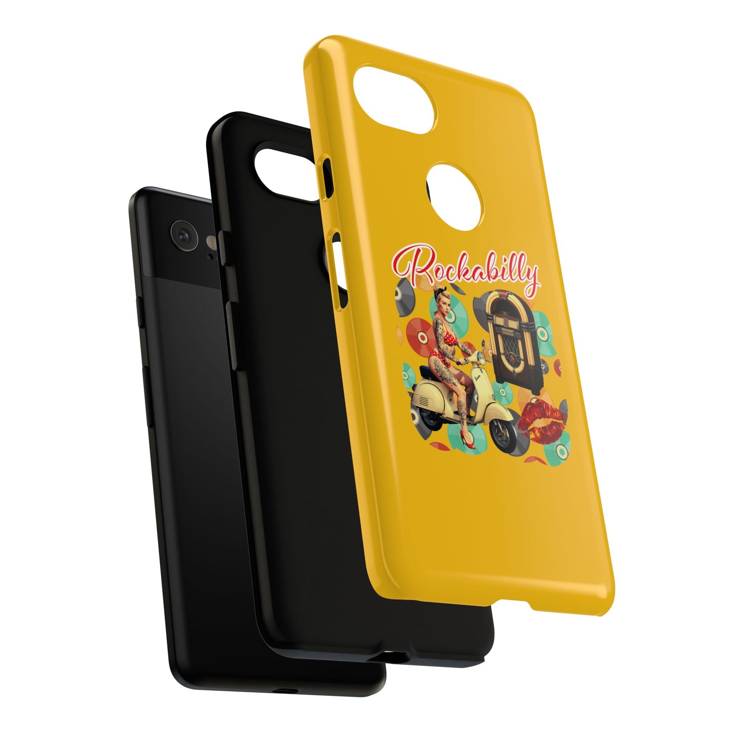 Rockabilly Phone Case, Vintage Scooter Design, Retro Style Cover, Fun Gift for Music Lovers, Yellow Tough Cases