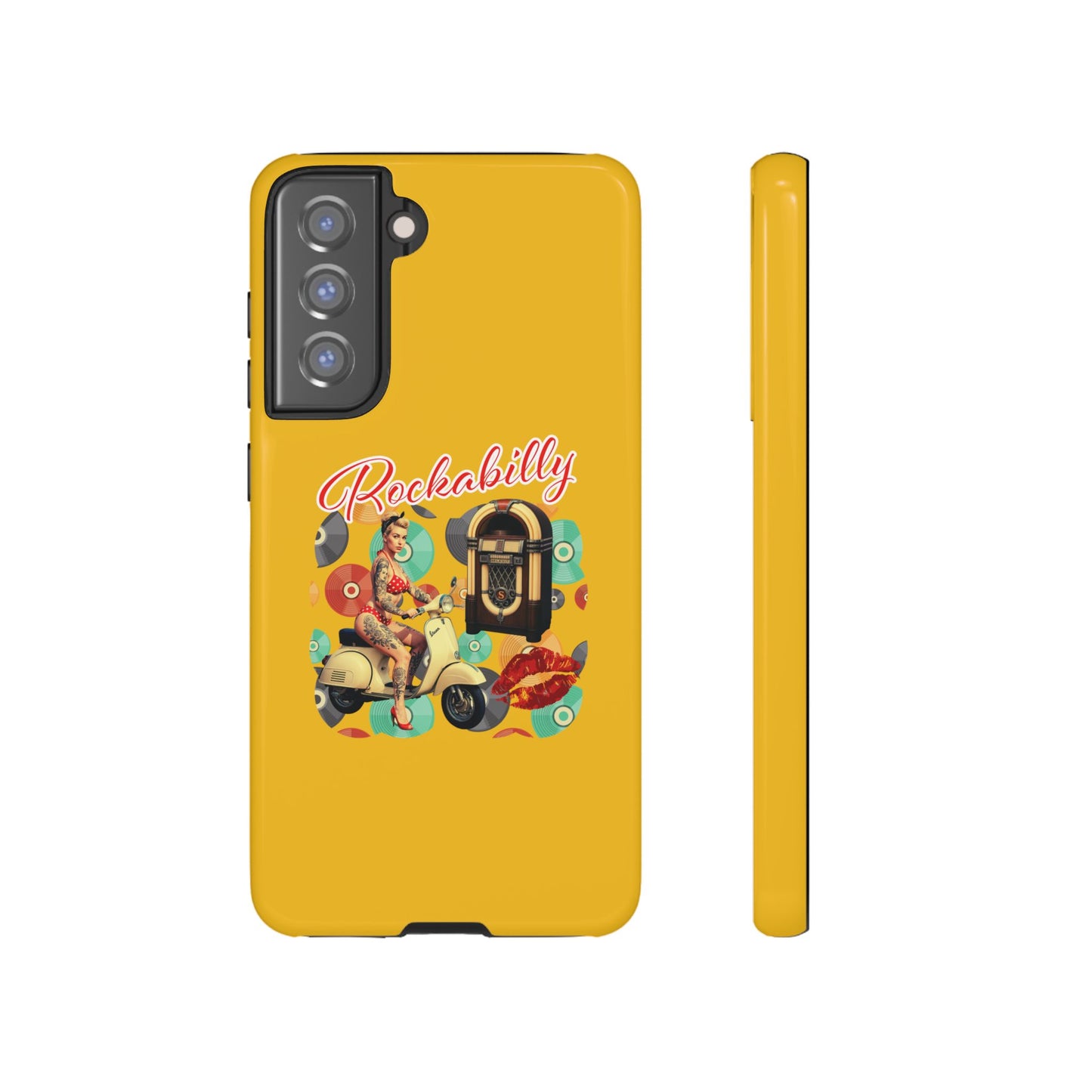 Rockabilly Phone Case, Vintage Scooter Design, Retro Style Cover, Fun Gift for Music Lovers, Yellow Tough Cases