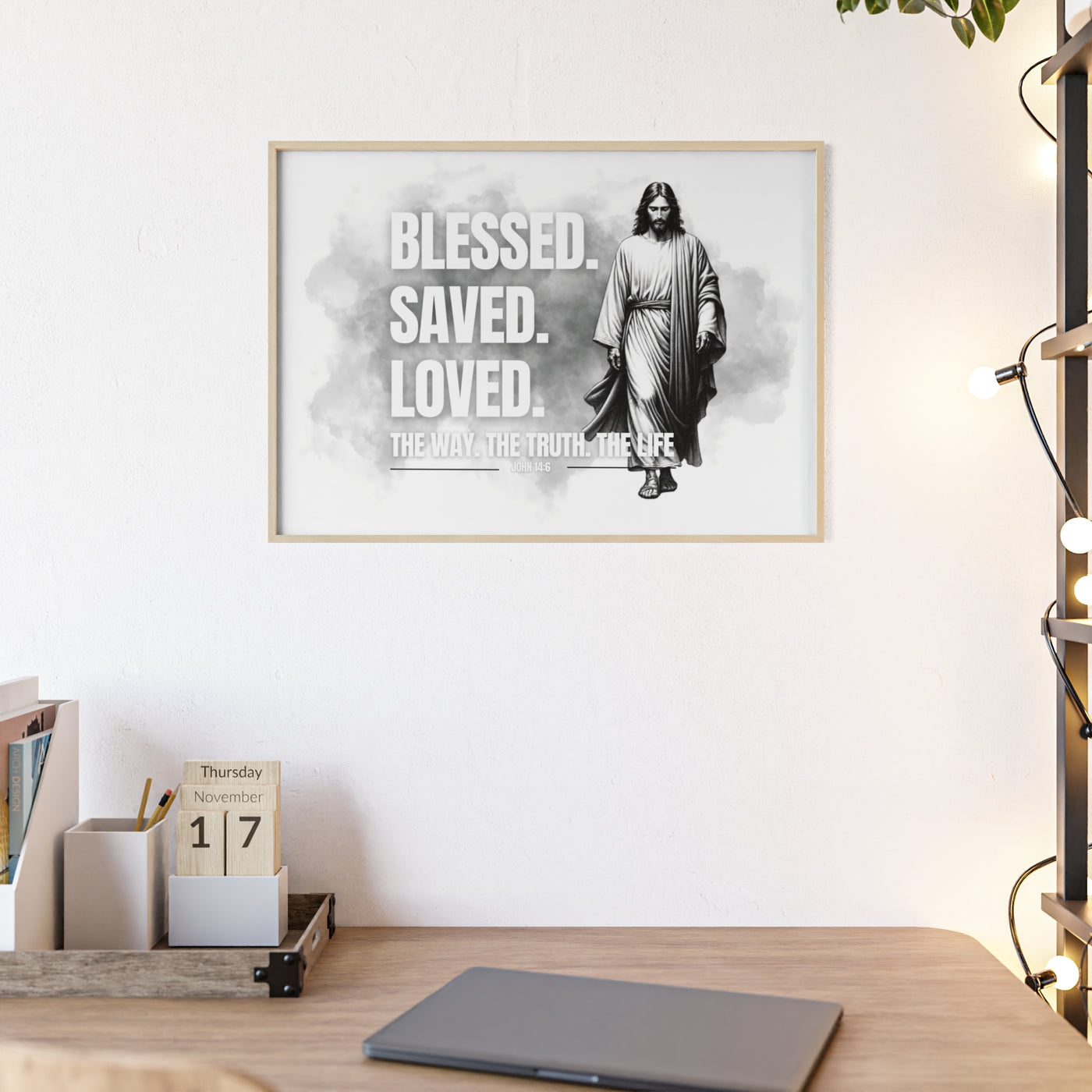 Inspirational Jesus Wall Art - Blessed, Saved, Loved - Framed Poster