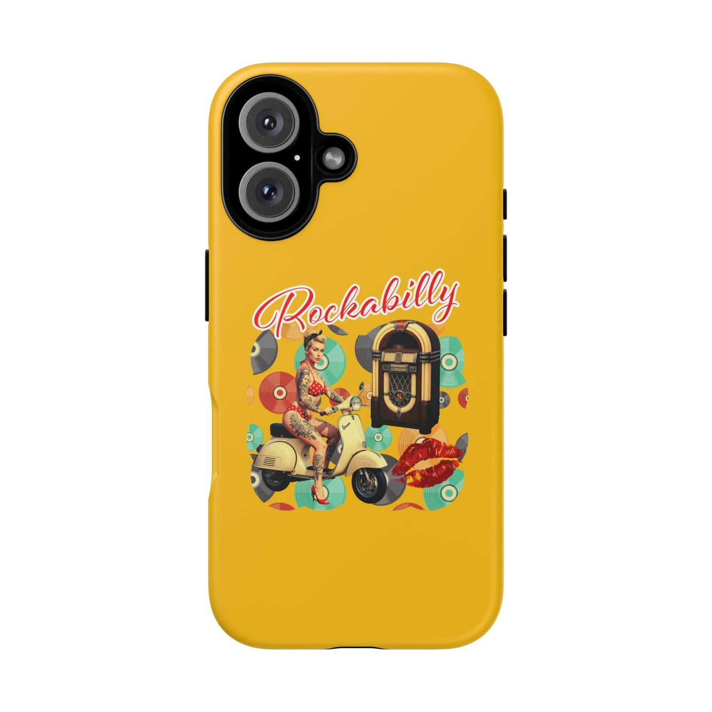 Rockabilly Phone Case, Vintage Scooter Design, Retro Style Cover, Fun Gift for Music Lovers, Yellow Tough Cases