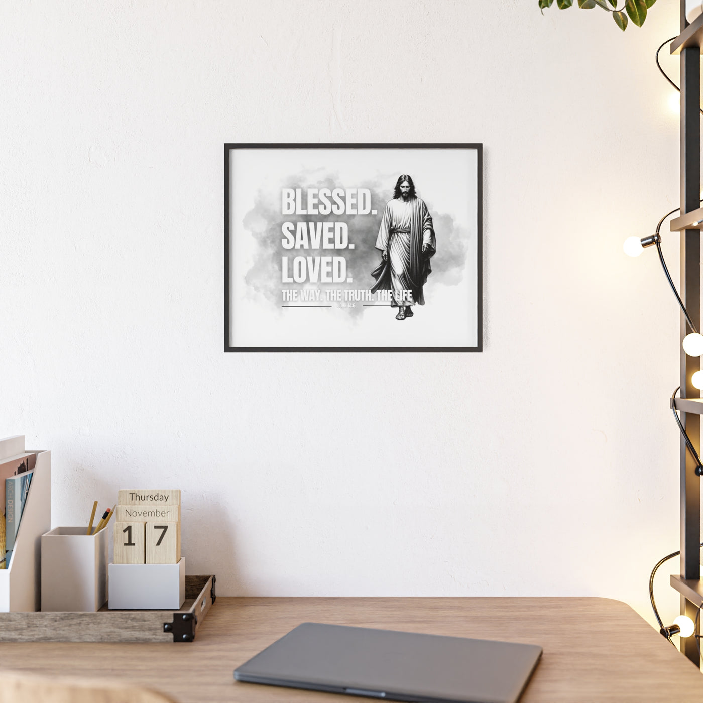 Inspirational Jesus Wall Art - Blessed, Saved, Loved - Framed Poster