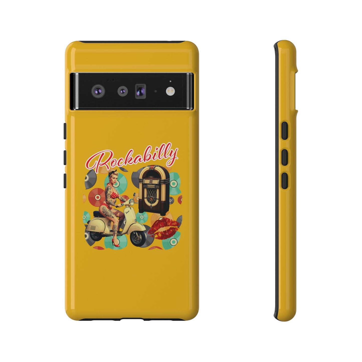 Rockabilly Phone Case, Vintage Scooter Design, Retro Style Cover, Fun Gift for Music Lovers, Yellow Tough Cases