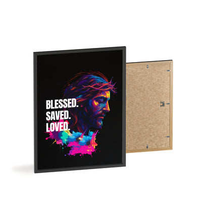 Inspirational Jesus Wall Art - 'Blessed, Saved, Loved' Poster with Wooden Frame 