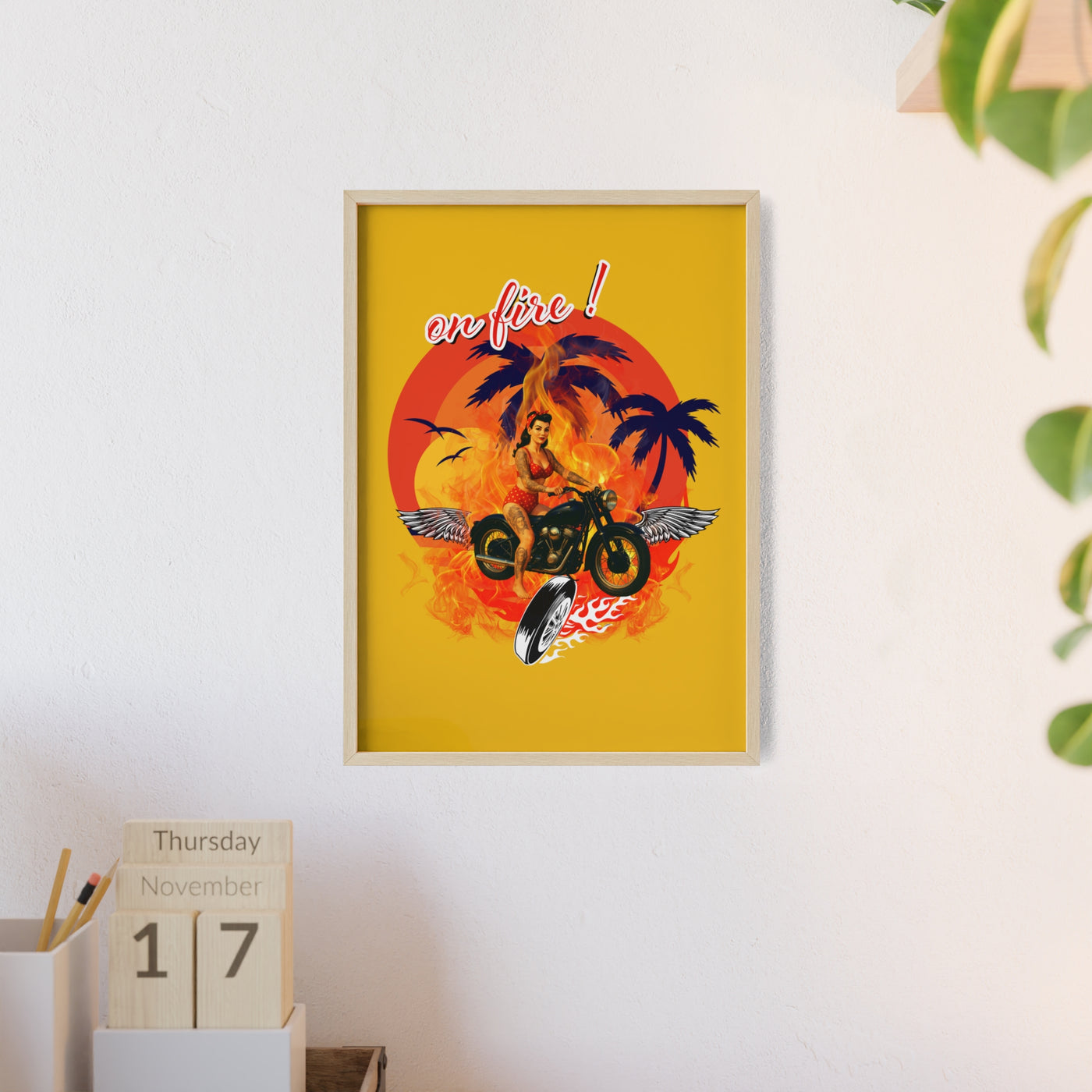 Vibrant Motorcycle Poster with Wooden Frame | Retro Wall Art for Bikers