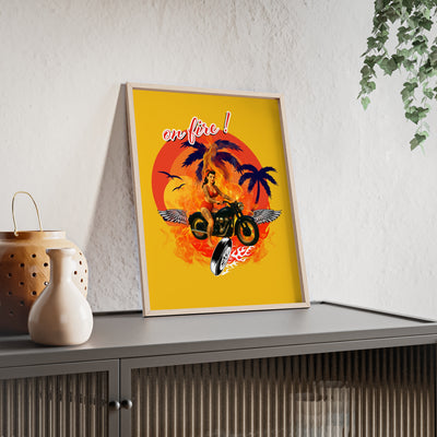 Vibrant Motorcycle Poster with Wooden Frame | Retro Wall Art for Bikers