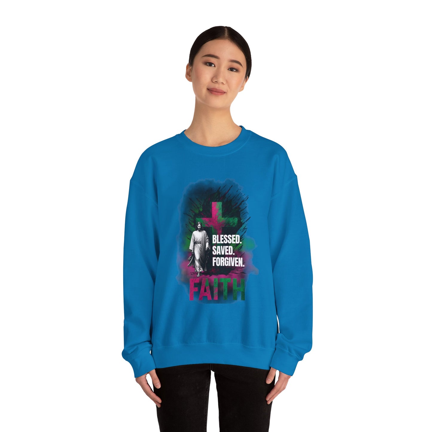 Jesus mit Faith und Spruch Blessed -Saved -Forgiven Sweatshirt