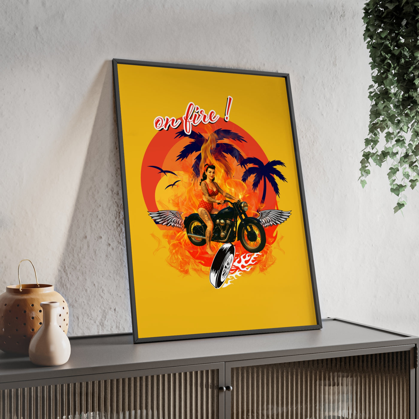 Vibrant Motorcycle Poster with Wooden Frame | Retro Wall Art for Bikers