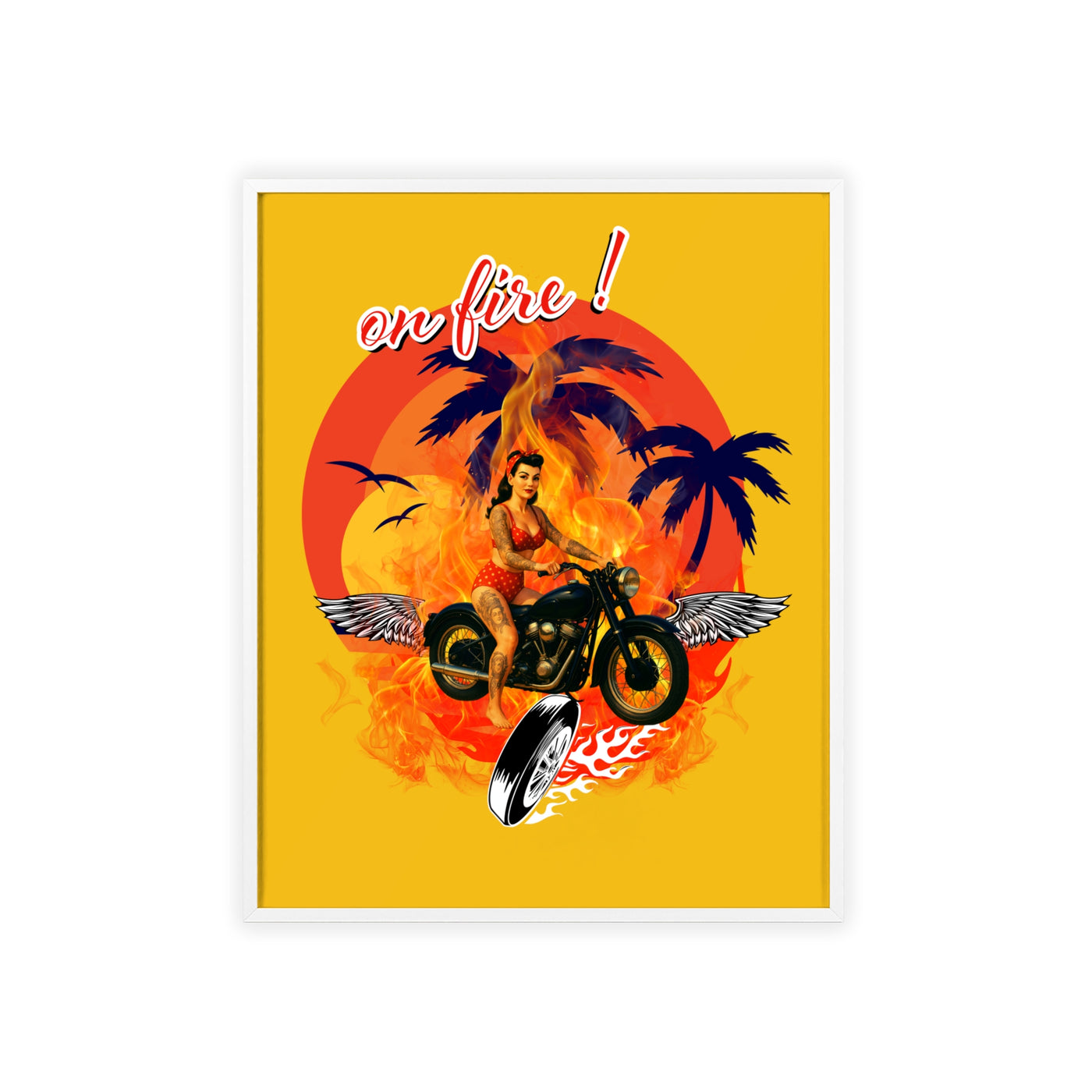 Vibrant Motorcycle Poster with Wooden Frame | Retro Wall Art for Bikers