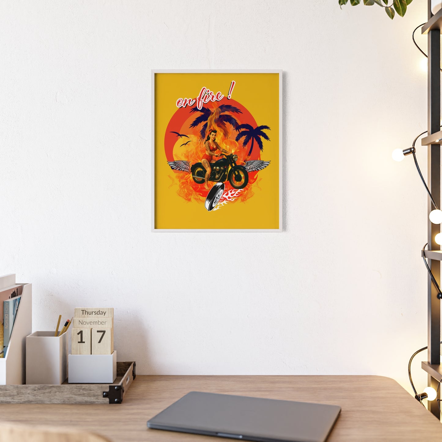 Vibrant Motorcycle Poster with Wooden Frame | Retro Wall Art for Bikers