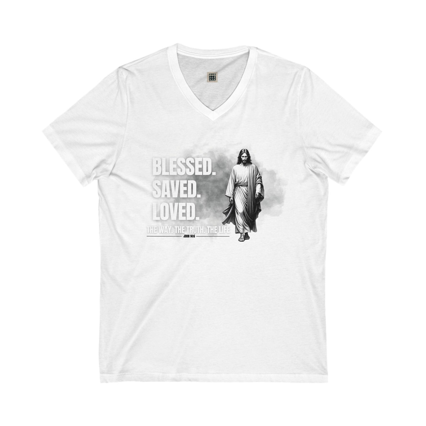 Blessed Saved Loved Unisex V-Neck Tee - Inspirational Faith Shirt