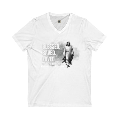 Blessed Saved Loved Unisex V-Neck Tee - Inspirational Faith Shirt