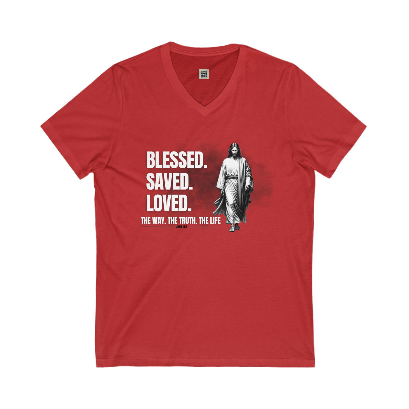 Blessed Saved Loved Unisex V-Neck Tee - Inspirational Faith Shirt
