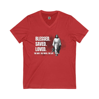 Blessed Saved Loved Unisex V-Neck Tee - Inspirational Faith Shirt