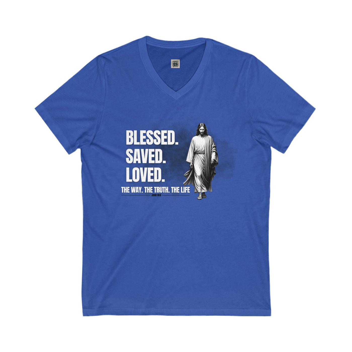 Blessed Saved Loved Unisex V-Neck Tee - Inspirational Faith Shirt