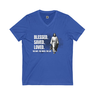 Blessed Saved Loved Unisex V-Neck Tee - Inspirational Faith Shirt